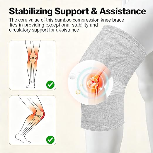 Premium Bamboo Knee Compression Sleeve, 1 Pair Slip-One Knee Support, Elastic Warm Knee Brace for Knee Pain, Joint Recovery, Sports, Daily Wear for Adults (Gray, Large)