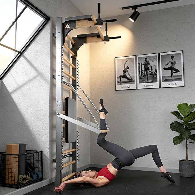 Swedish Ladder Pro, Wood Stall Bar with Push-Through Bar, Adjustable Pull-Up Dip Bar for Adults and Kids, Accessories Bundle, Spring, for Home, School, Physical Therapy and Gymnastics