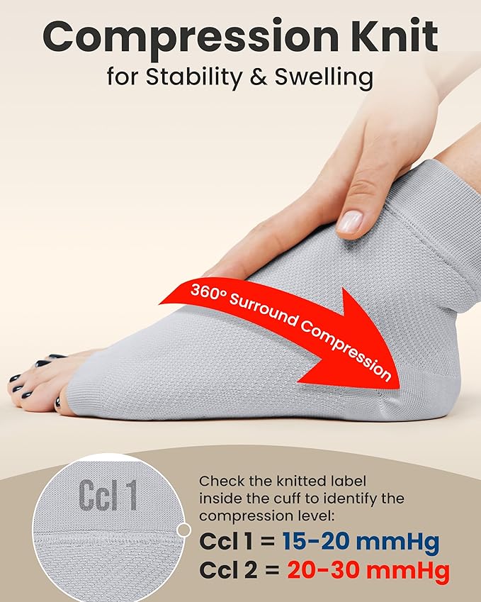 KEMFORD Ankle Compression Sleeve - 1-Pair, Plantar Fasciitis Braces - Open Toe Compression Socks for Swelling, Sprain, Neuropathy, Foot Arch Support for Men and Women - 20-30mmhg, L, Grey