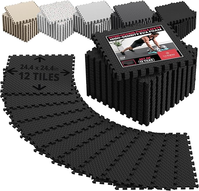 bemaxx Gym Mats Set - 12 pcs EVA Interlocking Foam Floor Tiles (24.4"x24.4"x0.4") 48 sqft Protective Gym Flooring Sports Home Workout Exercise Mats Puzzle Garage Fitness Play-Room Pool Treadmill Bike