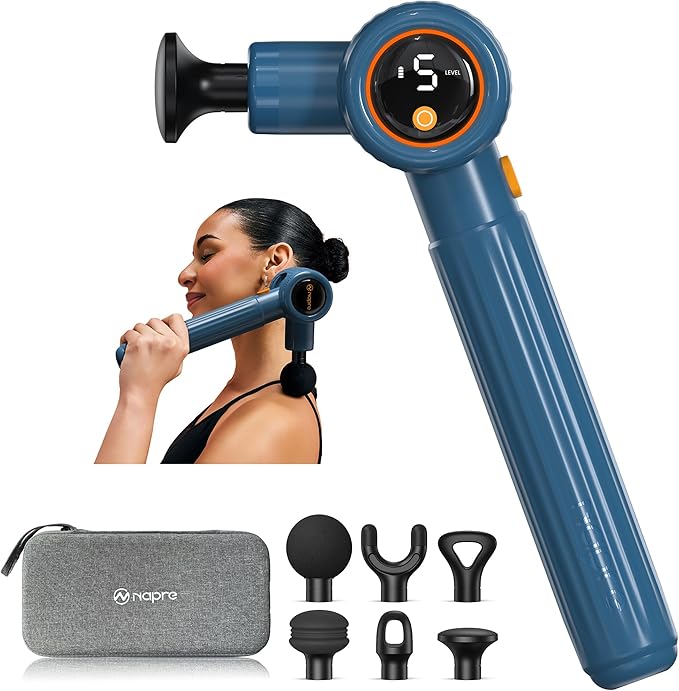 NAPRE Massage Gun with Extension Handle and 3 Adjustable Angles,Deep Tissue Back Massage for Neck/Shoulders/Waist/Body Pain Relief,Handheld Percussion Muscle Massager with Case,Mothers Day Gifts,Blue