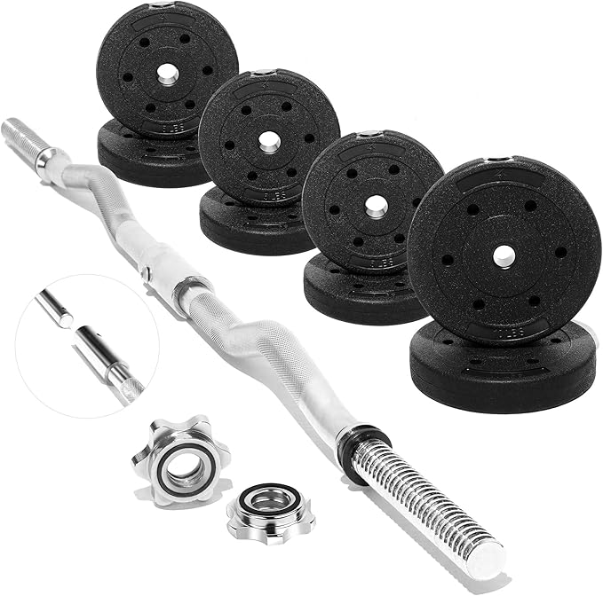 Yes4All Standard Straight Barbell 60" & EZ Curl Bar 47", Capacity 200 to 480 LB, Weight Bar 1" to 2" Diameter - Star Lock Collars, Rubber Ring, Barbell Spins Included for Deadlifts & Squats