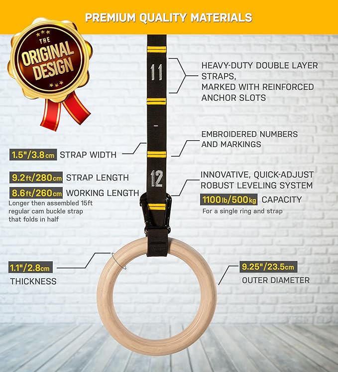 Double Circle Wood Gymnastics Rings with Quick Adjust Numbered Straps and Exercise Videos Guide - Full Body Workout Rings, Calisthenics, Home Gym (Multi-Size)