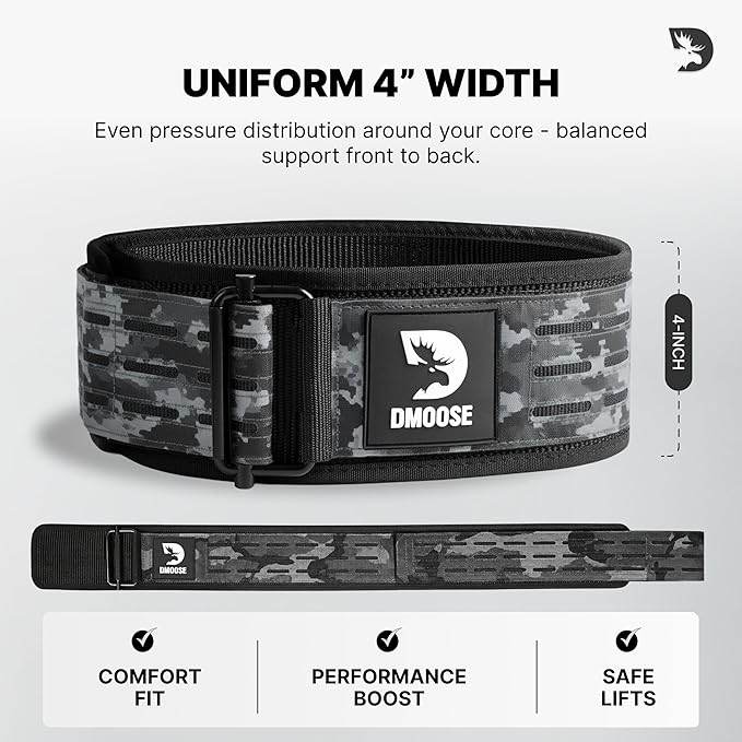 DMoose Weight Lifting Belt - Auto Locking Gym Belt for Olympic Training, WOD, Cross Training for Men and Women - 4" Nylon Workout belt with Adjustable Buckle - Provides Lumbar Support and Stability
