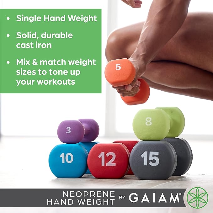 Gaiam Dumbbell Hand Weight (Sold in Singles) - Neoprene Coated Exercise & Fitness Dumbbell for Home Gym Workouts and Strength Training - Free Weights for Women and Men (5lb, Orange)
