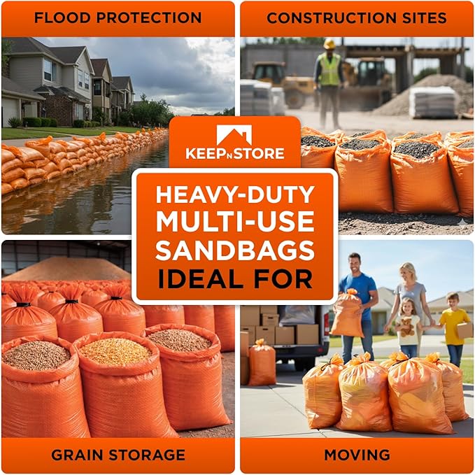 Heavy Duty Sand Bags Pack of 5, Bright Orange Empty Sandbags with Built-In Ties, Woven Polypropylene UV Protection 1600 Hours, Fillable Bags for Flood Control, Weight, 14x26 inches, 50 Pounds Volume