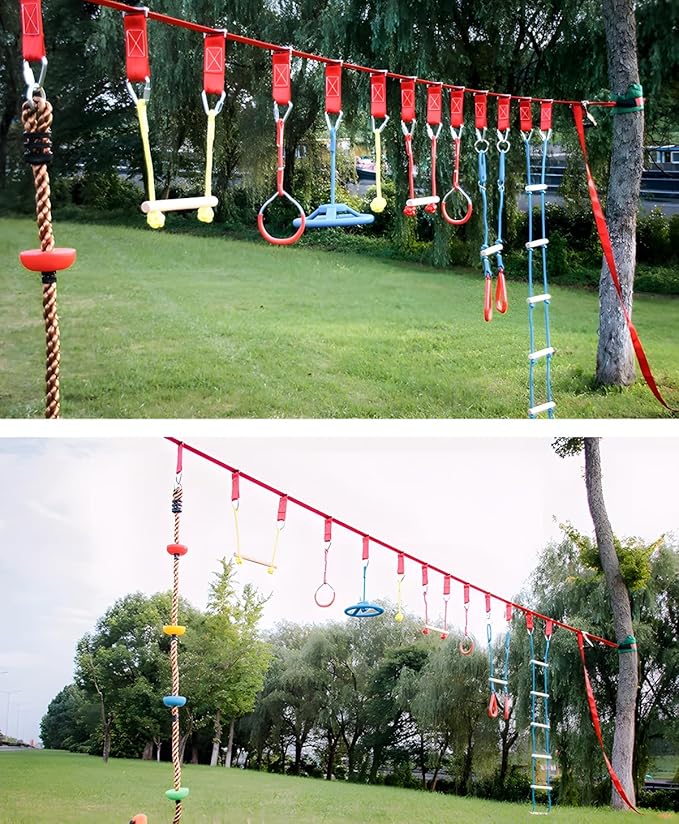 Multi-Color Ninja Rings & Monkey Bars - Adjustable Backyard Obstacle Course for Kids & Adults, Heavy-Duty Gymnastic Swing Rings, Ninjaline Slackline Training Kit (Blue)