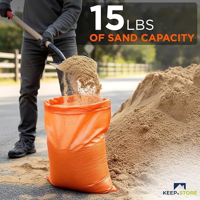 Heavy Duty Sand Bags Pack of 5, Bright Orange Empty Sandbags with Built-In Ties, Woven Polypropylene UV Protection 1600 Hours, Fillable Bags for Flood Control, Weight, 10x14 inches, 15 Pounds Volume