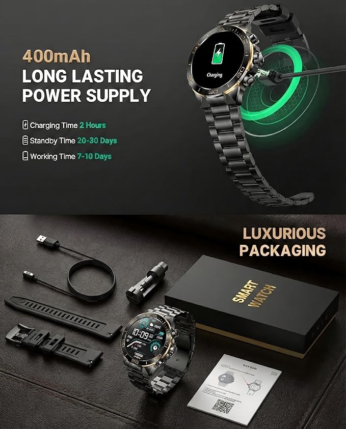 SOUYIE Men's Smart Watch with Bluetooth Call, 1.43" AMOLED Round Dial, Luxury Stainless Steel & Silicone Bands, Business Sport Fitness Tracker, Heart Rate/Blood Pressure/Sleep Monitor for iOS Android