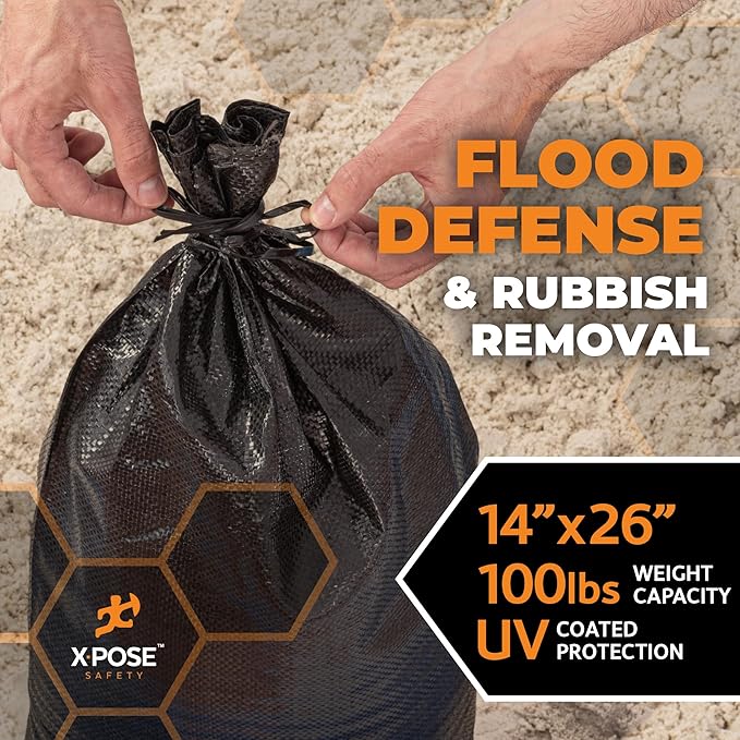 Xpose Safety Heavy Duty Sand Bags with Tie Strings – Empty Woven Polypropylene Sandbags for Hurricane Flood Protection, 100 lb Capacity, 14" x 26", Black, Pack of 25