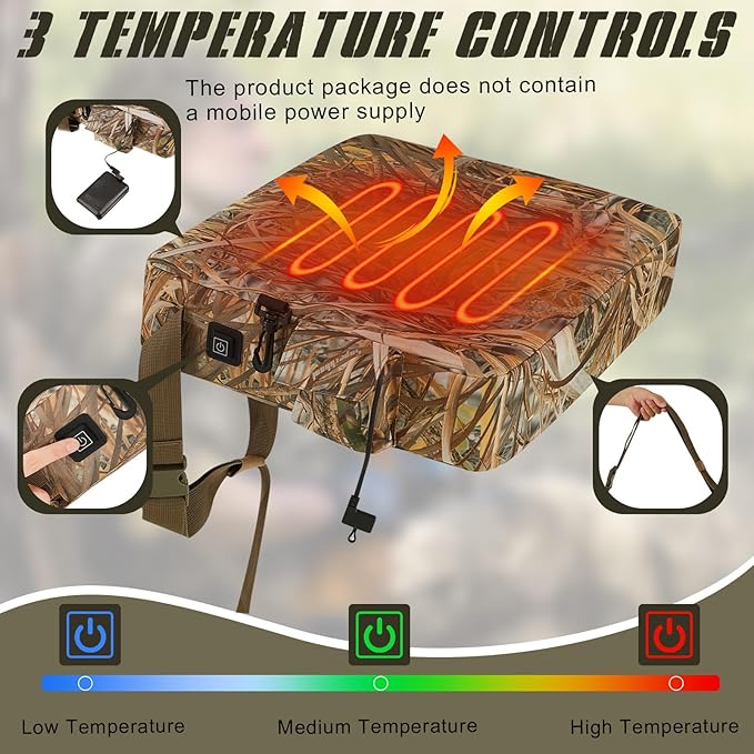 Barydat 2 Pack Heated Hunting Seat Cushion Warm Waterproof Reed Camouflage Portable Pad 16 x 14 x 3.5 Inch for Outdoor Tree Ladder Stand Ice Fishing Hiking Camping Sporting Events (Without Battery)