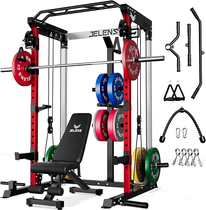 JELENS C21 Power Cage, 2000LBS Multi-Function Power Rack with Independent Dual Pulley System, All-in-One Squat Rack for Cable Crossover, Home Gym Workout Machine