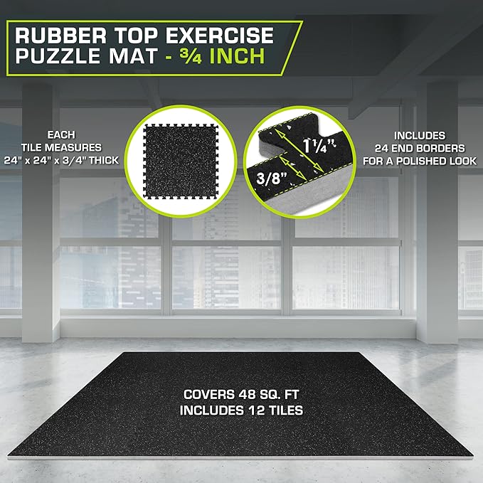 ProsourceFit Rubber Top Exercise Puzzle Mat ¾-inch, EVA Foam, Protective Interlocking Tiles for Home Gym Equipment and Workouts; Grey, 48 SQ FT, 12 Tiles