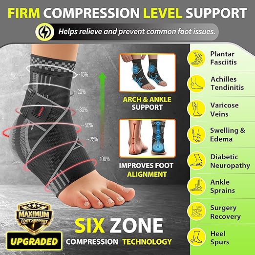 BLITZU Ankle Brace for Women, Men, Plantar Fasciitis Relief, Achilles Tendonitis Brace for Sprained Foot, Ankle Compression Sleeve with Strap Black S