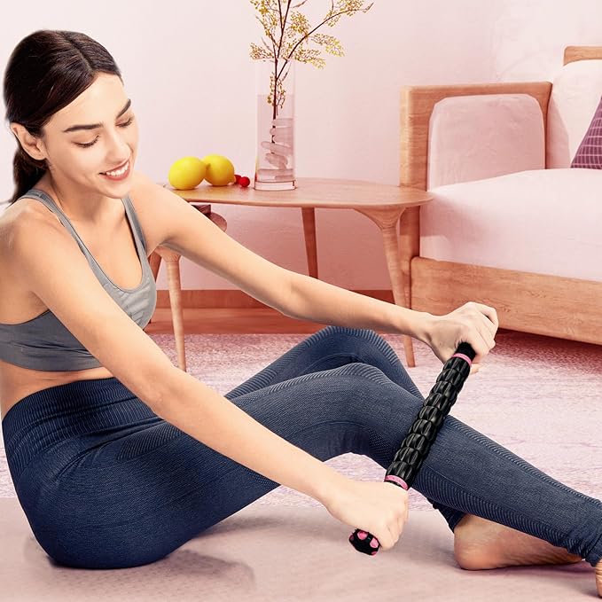 YANSYI Muscle Roller - Professional Deep Tissue Massage Stick with 9 Rollers for Athletes, Portable Soreness Relief for Back & Leg Pain, Post-Workout Recovery Tool (Pink)