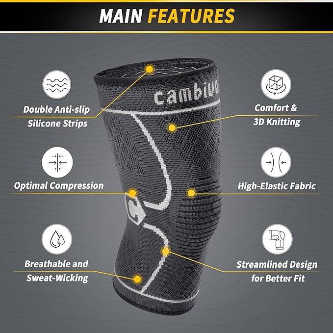 CAMBIVO 2 Pack Knee Brace, Knee Compression Sleeve for Men and Women, Knee Support for Running, Workout, Gym, Hiking, Sports (Gray,X-Large)