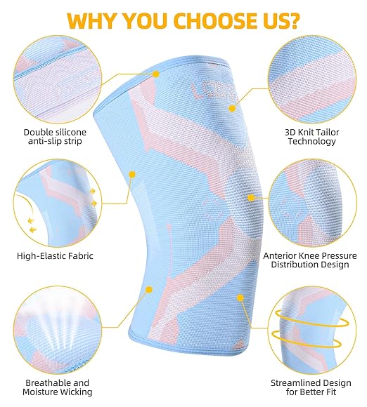 Knee Braces 2-Pack - Compression Sleeves for Men & Women, Knee Pain Relief for Arthritis, Meniscus Tear, Running, Gym, Basketball - Blue L(Check Sizing)