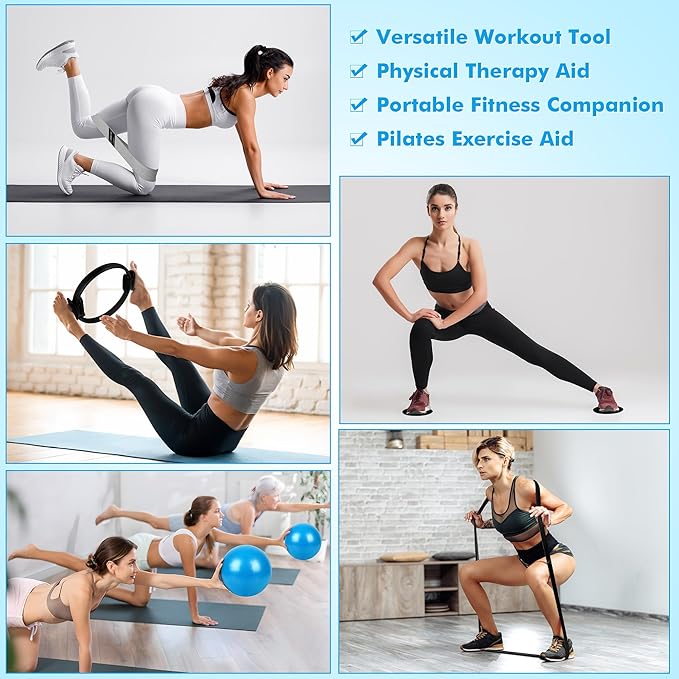 Goocrun Pilates Ring Set Exercise Equipment, with Exercise Resistance Bands Set, Pilates Ball, Sliding Disks. Portable Home Gym - with Fitness Guide Poster