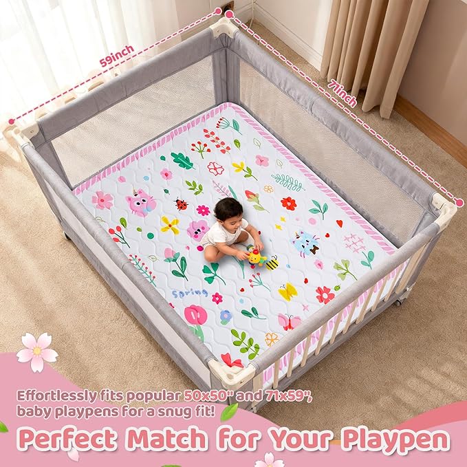RONGFA Baby Play Mat for Floor, 71'' x 59'' Thicken Foam Soft Padded Mat for Baby, Playpen Mat for Toddlers Infant Kids, Machine Washable, Non-Slip Bottom Safe for Crawling (Flower)