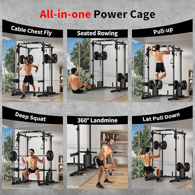 JEEKEE Power Cage with Cable Crossover System, 2200LB Heavy Duty Power Rack with Dual Pulley, 180LB Weight Stack, LAT Pulldown, 20+ Attachments for Home Gym,Black