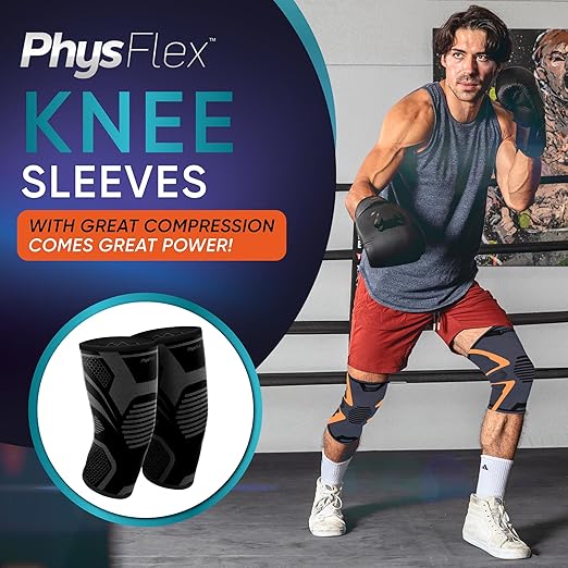 PhysFlex Knee Brace for Pain Relief - Knee Compression Sleeves for Men and Women - Support for Weightlifting, Gym, Workout, Volleyball, Arthritis (3XL, Black)