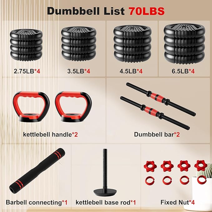 Adjustable Dumbbell Set, 10/20/30/45/70/90lbs Free Weight Set with Connector, 5 in1 Dumbbells Set Used as Barbell, Kettlebells, Push up Stand,Weight Plate, Fitness Exercises for Home Gym Suitable Men/Women