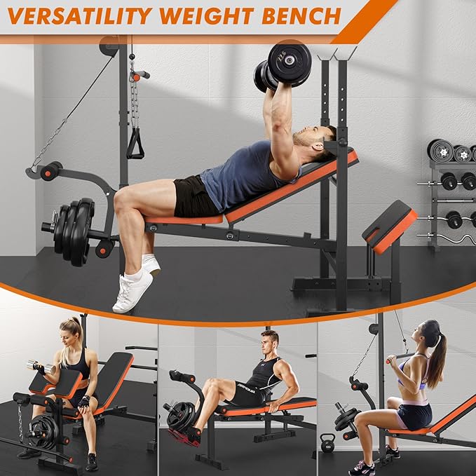 XDDIAS Bench Press Set, 880LBS Adjustable Weight Bench with Leg Extension and Preacher Curl Pad, 8 IN 1 Multi-Function Gym Bench with LAT Pulldown Pulley System, Full-Body Workout Home Gym Equipment