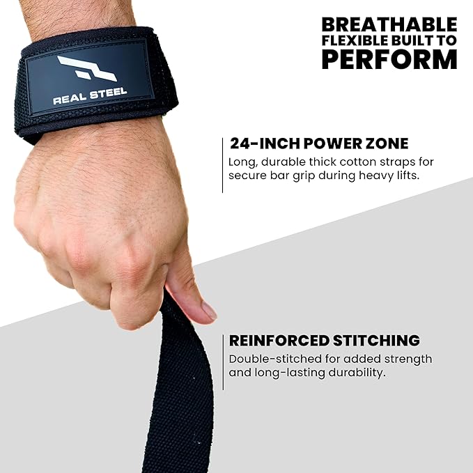 Real Steel Lifting Wrist Straps for Weightlifting, Bodybuilding, Powerlifting, Strength Training, & Deadlifts - Padded Neoprene with 24 inch Cotton