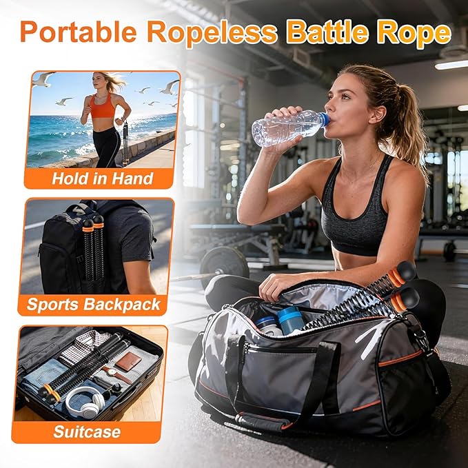 Weighted Cordless Battle Ropes - Adjustable Resistance and Portable Ropeless Battle Ropes with Non Slip Handle - Low-Noise Exercise Rope for Instant Effective Workouts Anytime (Black)