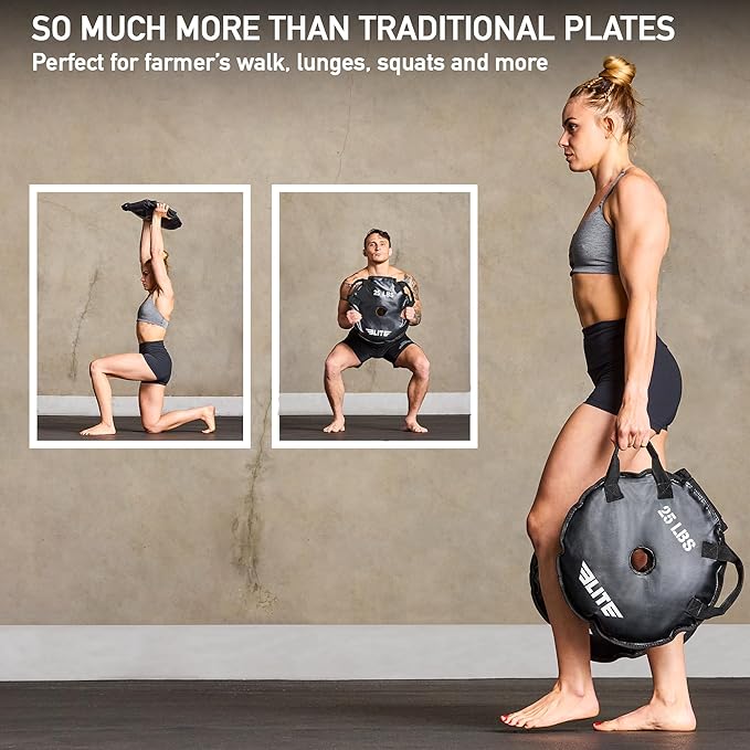Elite Sports UNFILLED Workout Sand Plates (Set of 2) – EMPTY Fillable Olympic Weight Plates for Barbell Training – Drop-Proof Waterproof TPU – 10/15/25/35/45 LB Options – Strength, CrossFit, Home Gym & Functional Fitness