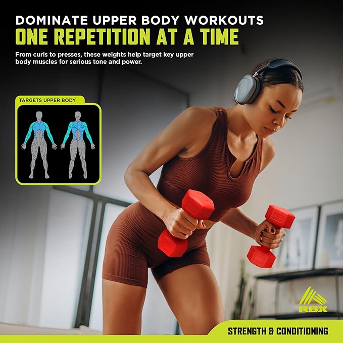 RBX Vinyl Coated Hand Weight Dumbbell Set - Hex Shaped, Roll Free for Body Building/Sculpting/Strength Training Exercise, (Set of 2)