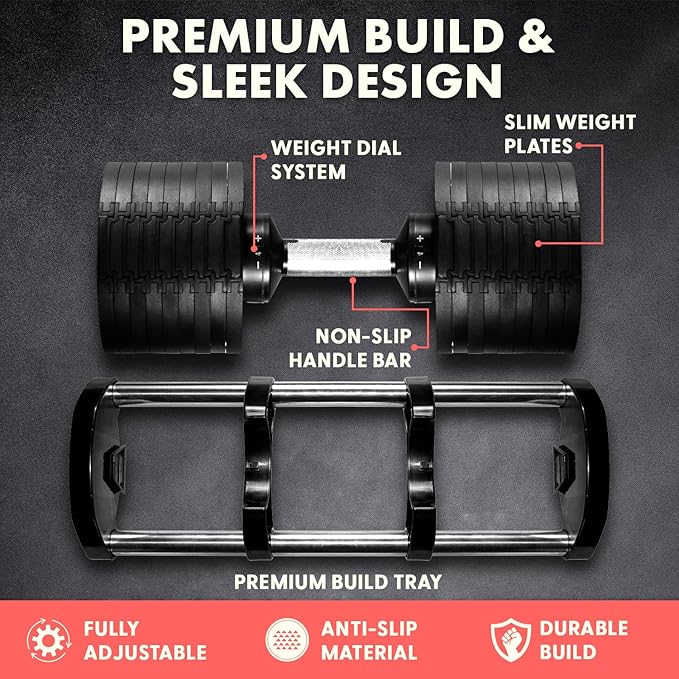 Squatz Adjustable Dumbbell Set 70-140LB Adjustable Dumbbells For Home Gym, Anti-Slip Handle With Heavy‑Duty Plates, Exercise Fitness Dumbbells For Home Gym Strength & Weight Training