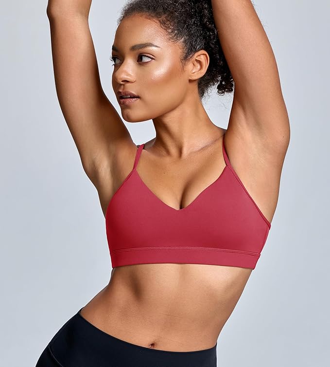 Oalka V Neck Sports Bra for Women Adjustable Padded Thin Straps Wireless Yoga Bras