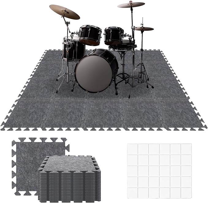 20 Pieces Sound Absorbing Interlocking Floor Mats, 11.8 x 11.8 x 0.4 inches High Density Felt Soundproof Pads Non-Slip Anti Vibration Puzzle Acoustic Blankets Piano Carpet Drum Rug, Gray