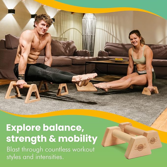 WOODPOWER® - PowerBars, Wooden Parallettes Push Up Bars, Joint-Friendly Beech Wood Calisthenics Equipment for Home, Durable Handstand Trainer Push Up Handles for Floors
