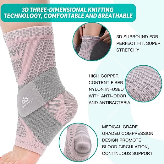 INDEEMAX Ankle Brace for Sprained Ankle Compression Sleeve, 2 Pack Copper Infused Ankle Support Brace for Women & Men, Plantar Fasciitis Relief Achilles Tendonitis, Sports Running, Pink Silver, L