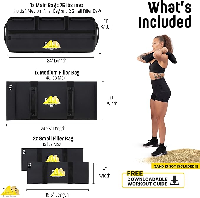 Sandbags for Working Out (Unfilled) - Enhance Your Fitness with Our Workout Sandbag, Versatile & Durable Sand Bags for Weight Training 15-75 lbs - Sandbags for Fitness Guide Included