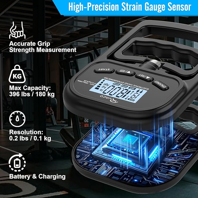 Ryaco Grip Strength Tester With Adjustable Hand Gripper, 396lbs/180kg Digital Hand Dynamometer Grip Strength Trainer Set Electronic Hand Grip Strengthener with LCD Display for Rehab Fitness Home Use