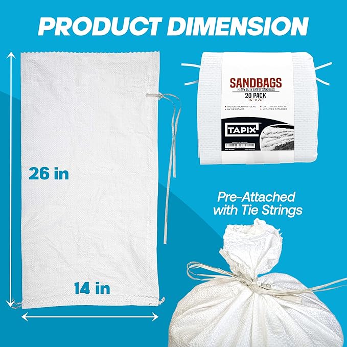 Sand Bags with Ties 14" x 26" - Sand Bags for Flooding, Woven Polypropylene Sandbags, 50 lbs Capacity, 14x26 inches, White