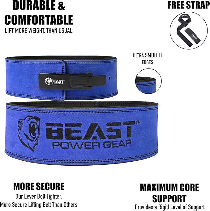 Beast Power Gear Weight Lifting Belt Lever Buckle 10MM 13MM Thick & 4 Inches Free Strap Weightlifting, Powerlifting, Deadlifts, Squats Men Women