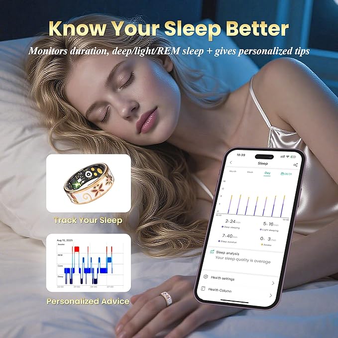 Enamel Craft Smart Ring for Women & Men - No Subscription Fee Fitness Tracker with Sleep Tracking, Heart Rate, SpO2 - IP68 Waterproof for iPhone Android - Activity Tracker, Remote Camera (8)