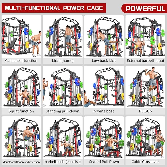 Multi-Purpose Squat Rack,Smith Machine Weight Rack Set with Cable Crossover System, Home Gym Power Racks, Power Racks and Packages