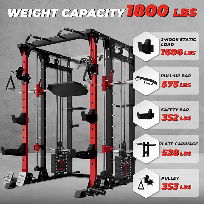 RitFit Buffalo Smith Machine Package, All-in-One Power Cage with Weight Stack , Power Rack with Cable Crossover & Leg Press Attachment for Home Gym