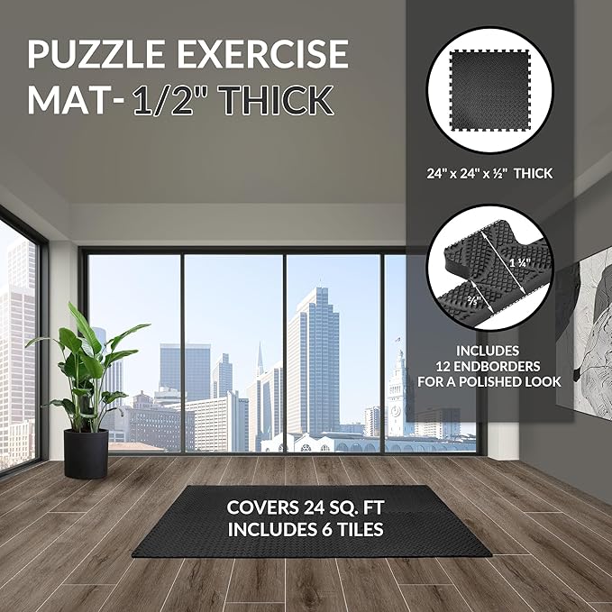 Fitvids Puzzle Exercise Gym Flooring Mat, 1/2" Thick High-Density EVA Interlocking Tiles Workout Mat for Home Gym, Fitness Equipment, MMA, Gymnastics, 6-Piece Shock-Absorbing Exercise Mat (24 Sq Ft)