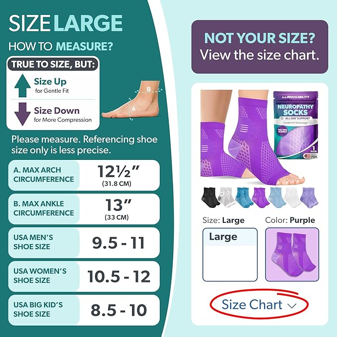BraceAbility Neuropathy Socks (Pair) - Peripheral Neuritis Compression Diabetic Toeless Foot Sleeves for Nerve Damage Pain in Feet, Ankle Gout, Plantar Fasciitis Relief Brace for Men and Women (L - Purple)