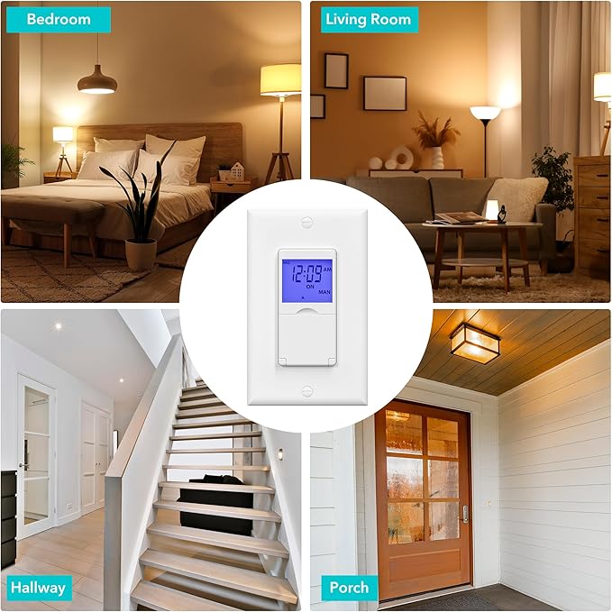 BN-LINK 7 Day Programmable in-Wall Timer Switch for Lights, Digital Light Switch Timer Indoor, Single Pole and 3 Way (Compatible with SPDT) Both Use, Neutral Wire Required, Blue Backlight, ETL Listed