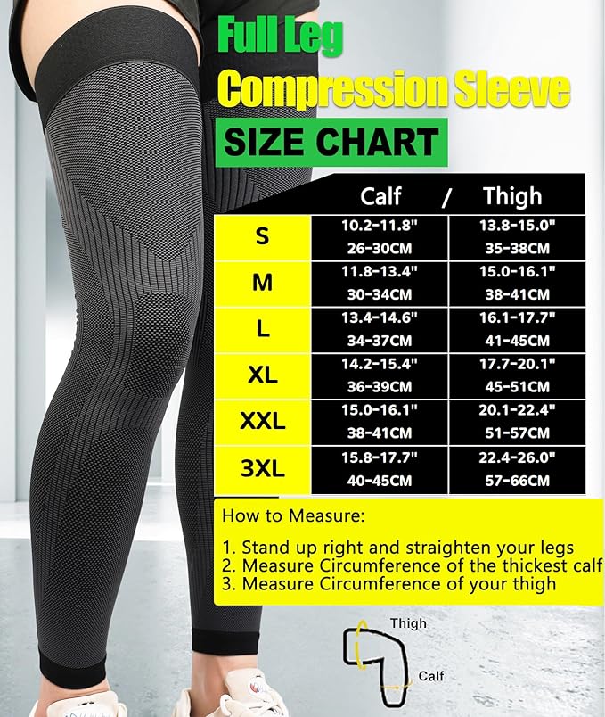 KEKING® Full Leg Compression Sleeves, Unisex, Thigh High Compression Stocking 20-30mmHg Graduated Support for Thigh Calf Knee, Running, Basketball, Reduce Varicose Veins and Swelling, Pair, Black 3XL