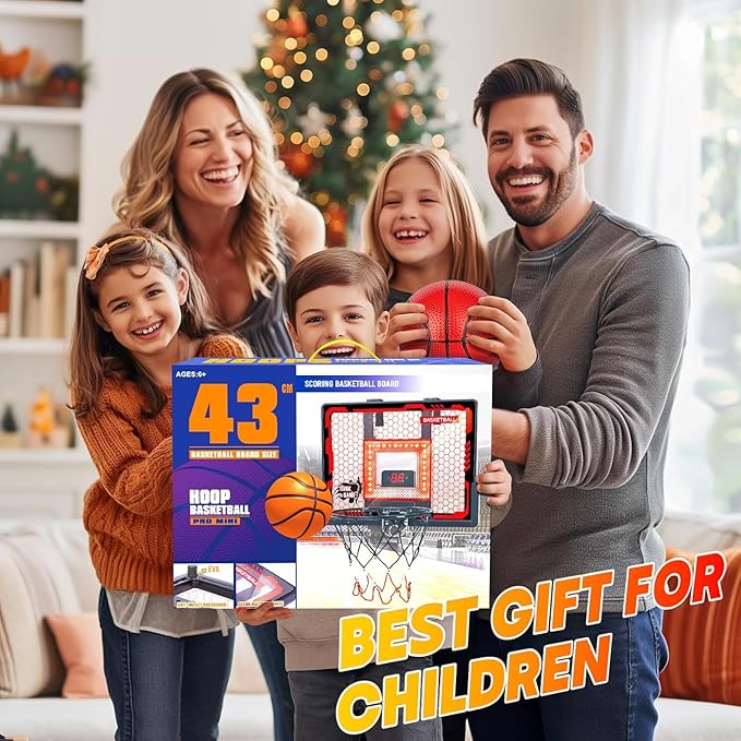 Indoor Basketball Hoop Pro for Kids, Over The Door Basketball Hoop Indoor with LED Light/Scoreboard/4 Balls- Upgraded Anti-Impact Backboard, Basketball Toys Gifts for 6 7 8 9 10 11 12 Year Old Boys