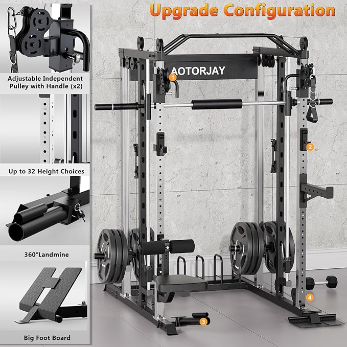 Smith Machine Strength Training Squat Rack with Smith Bar, Power Cage with LAT Pull-Down Systems, Cable Crossover Machine for Home Gym