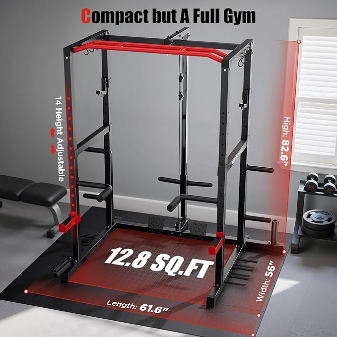 Sportsroyals Squat Rack, LAT Power Cage, Power Rack Multi-Function with Pulley System and Training Attachments for Home Gym